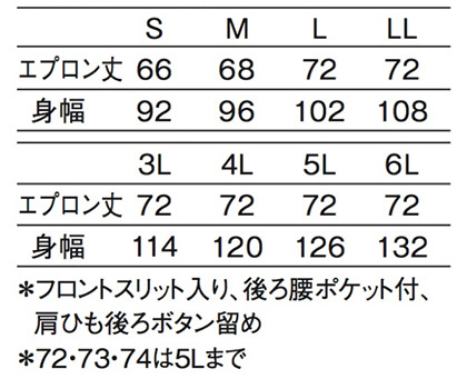 エプロン(ショート丈) サイズ詳細