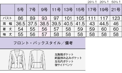 【2色】ノーカラージャケット(ファインクロス) サイズ詳細
