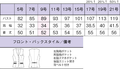 ベスト(オックスチェック) サイズ詳細