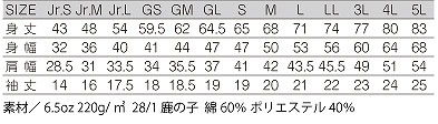 6.5オンスCVC鹿の子ドライポロシャツ(ポケットなし) サイズ詳細