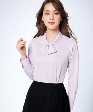 【POLYGIENE/ポリジン】全3色・ボウタイ長袖ブラウス（ニット・透け防止・抗菌防臭加工・防汚加工）