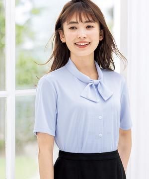 【POLYGIENE/ポリジン】全3色・ボウタイ半袖ブラウス（ニット・透け防止・抗菌防臭加工・防汚加工）