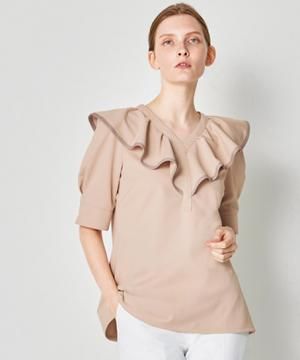 【UNITE FOLLORAISON】全2色・ラッフルカラーチュニック（六分袖・透防止・制電、ストレッチ・制菌・ イージーケア）