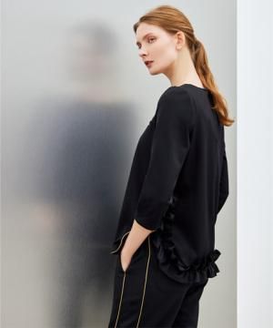 【UNITE FOLLORAISON】全2色・フリルトップス（七分袖・ストレッチ・制菌）