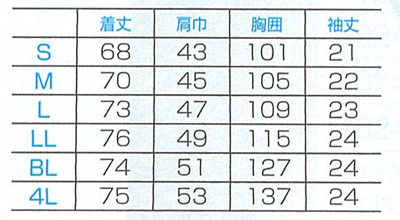 メンズジップスクラブ 白衣 サイズ詳細