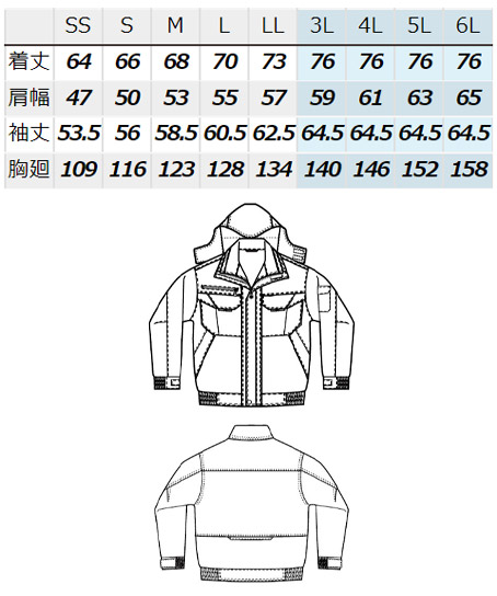 エコノミー防寒ブルゾン サイズ詳細