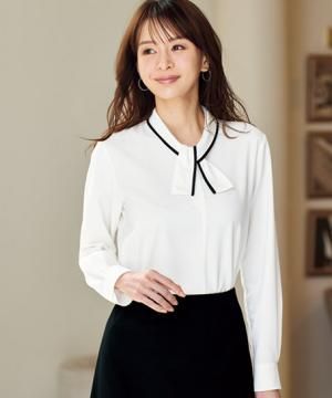 【全1色】長袖リボンプルオーバーブラウス（ストレッチ・背中タック入り・～25号あり）