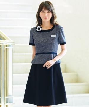 【全２色】ペプラム切り替えワンピース（ツイード素材・春夏仕様）