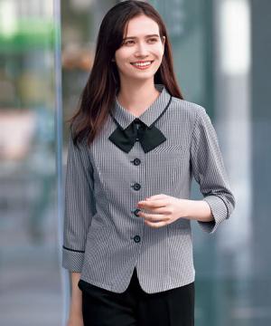 SALE【全2色】リボン付きシャツオーバーブラウス（七分袖・ヨコストレッチ・吸汗速乾・吸放湿・UVカット・サステイナブル）