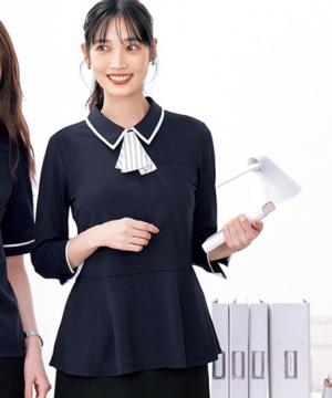 【全2色】ポロシャツ（リボンアクセ付き・七分袖・ニット・2wayストレッチ・吸汗速乾・吸放湿・接触冷感・UVカット・透けにくい・サステイナブル））