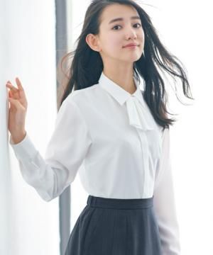 【全2色】長袖シャツブラウス(ハイストレッチ素材・スカーフループ付・リボン付)