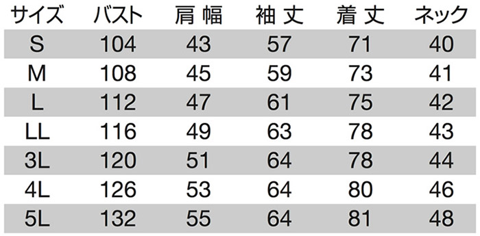 【BURTLEバートル】長袖シャツ(帯電防止) サイズ詳細