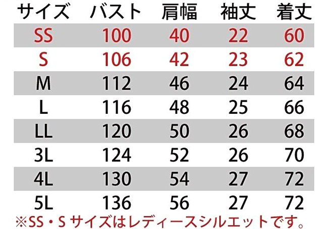 【全6色】半袖ジャケット(清涼素材・吸汗速乾・帯電防止) サイズ詳細