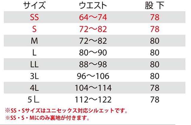 【BURTLEバートル】ユニセックスパンツ(清涼素材・吸汗速乾・帯電防止) サイズ詳細