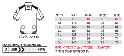 【バートル・エアークラフト】空調服半袖ブルゾン(制電・男女兼用)単品 サイズ詳細