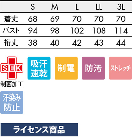 【asics】アシックス ハイパーストレッチスクラブ 白衣(レディース) サイズ詳細