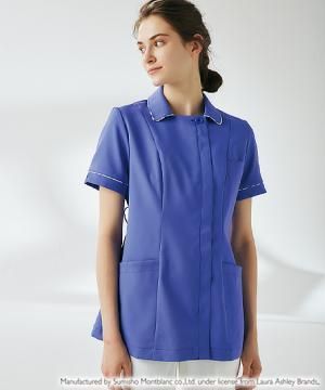 【LAURA ASHLEY】バイオレット柄襟付 半袖ナースジャケット（制菌・透け防止・吸汗・制電・防汚・レディース）