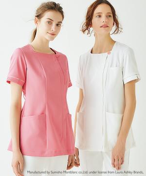 【LAURA ASHLEY】バイオレット柄スクエアネック 半袖ナースジャケット（制菌・透け防止・吸汗・制電・防汚・レディース）