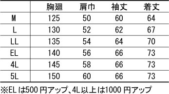 防水防寒ブルゾン サイズ詳細