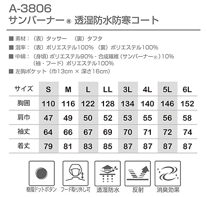 透湿防水防寒コート【WEB限定特価】 サイズ詳細