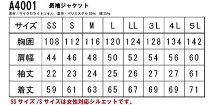 【空調風神服】エアーマッスル ジャケット(単品) サイズ詳細