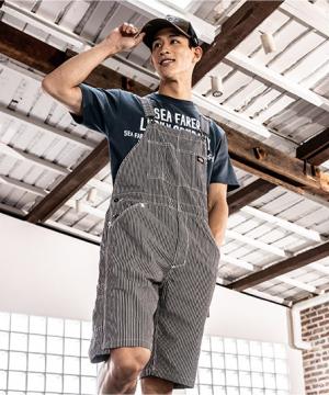 【Dickies】ディッキーズ・全3色・ライトストレッチヒッコリーオーバーオールショート丈（ストレッチ9％、UVカット、接触冷感・男女兼用）