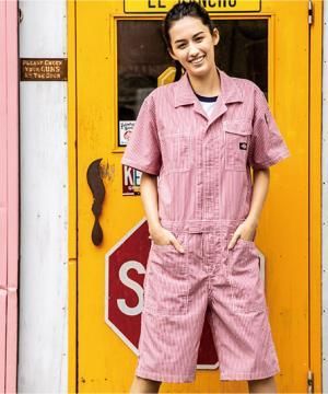 【Dickies】全3色・ライトストレッチヒッコリー半袖ツナギショート丈（ストレッチ9％・UVカット・接触冷感・男女兼用）