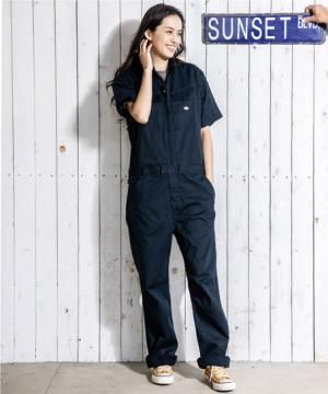 【Dickies】ディッキーズ・全3色・ストレッチヘリンボーン半袖ツナギ（衿ワイヤー・逆開ファスナー・ウエストアジャスター・ストレッチ・男女兼用）