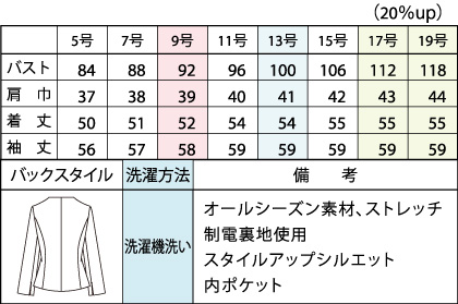 ノーカラージャケット(胸元にブラックラインストーン付) サイズ詳細