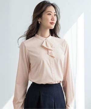 【全4色】長袖とろみフリルブラウス（ストレッチ・透け防止・抗ウイルス）