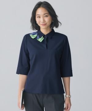 【全2色】七分袖ポロシャツ（リボン付き・ニット・吸水速乾・TioTioプレミアム）