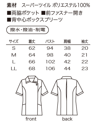 ジャケット(制電・撥水・撥油) サイズ詳細
