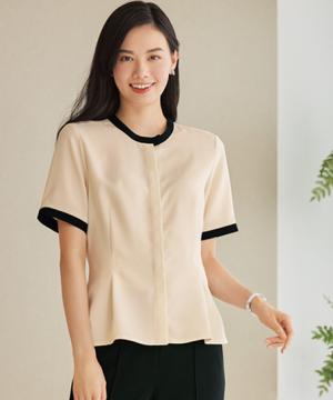 【全3色】バイカラージョーゼットブラウス（半袖・ストレッチ）