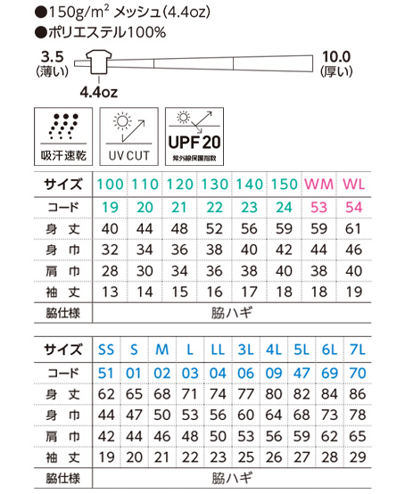 【全33色】4.4オンス ドライTシャツ サイズ詳細