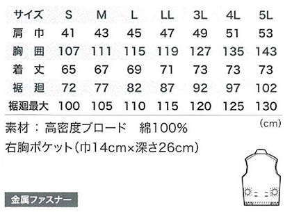 【空調服】綿100%ベストセット(2020年型) サイズ詳細