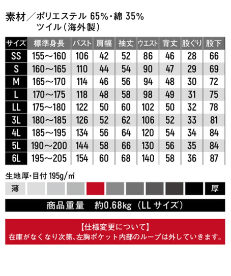 ツナギ服 サイズ詳細