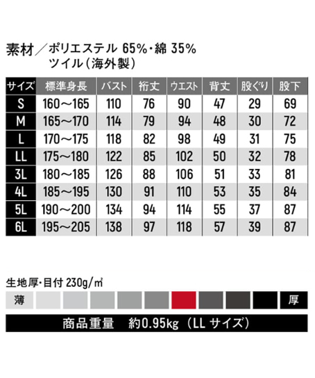 ツナギ服 サイズ詳細