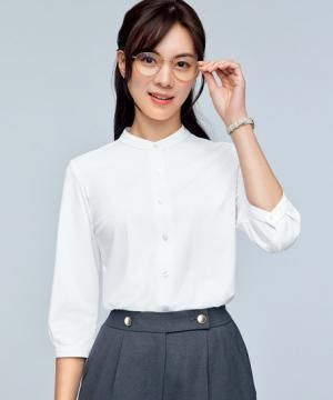 【全4色】スタンドカラー七分袖ニットブラウス（抗菌防臭・防汚・吸汗速乾・ストレッチ）