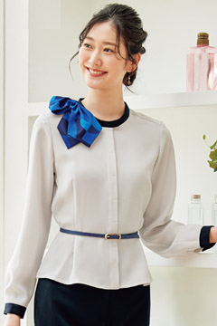 【全4色】バイカラージョーゼットブラウス（長袖・ストレッチ）